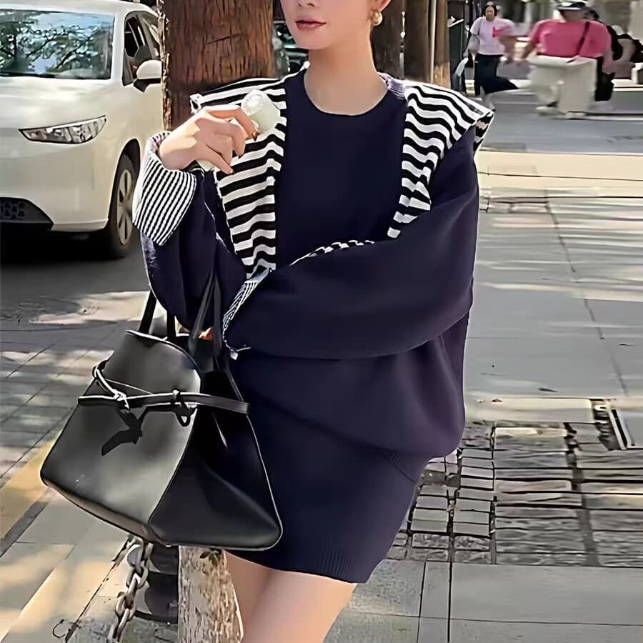 한국 스타일 가을 겨울 새로운 레트로 느긋한 바람 니트 스트라이프 숄 라운드 넥 스웨터 하이웨이스트 반신 스커트 세 조각 여성 세트