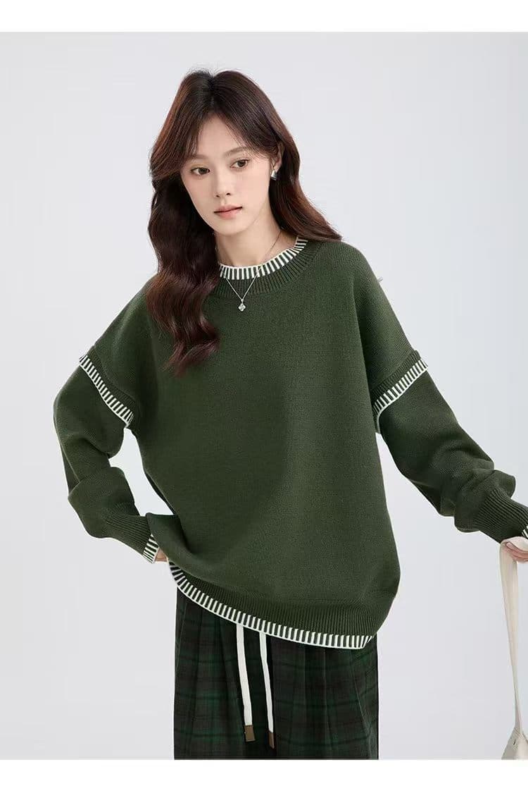 국경 간 26 년 가을 겨울 손 바느질 흔적 배색 라운드 넥 풀오버 니트 스웨터 여자 루즈핏 디자인 센스 맨위 상세 이미지 11
