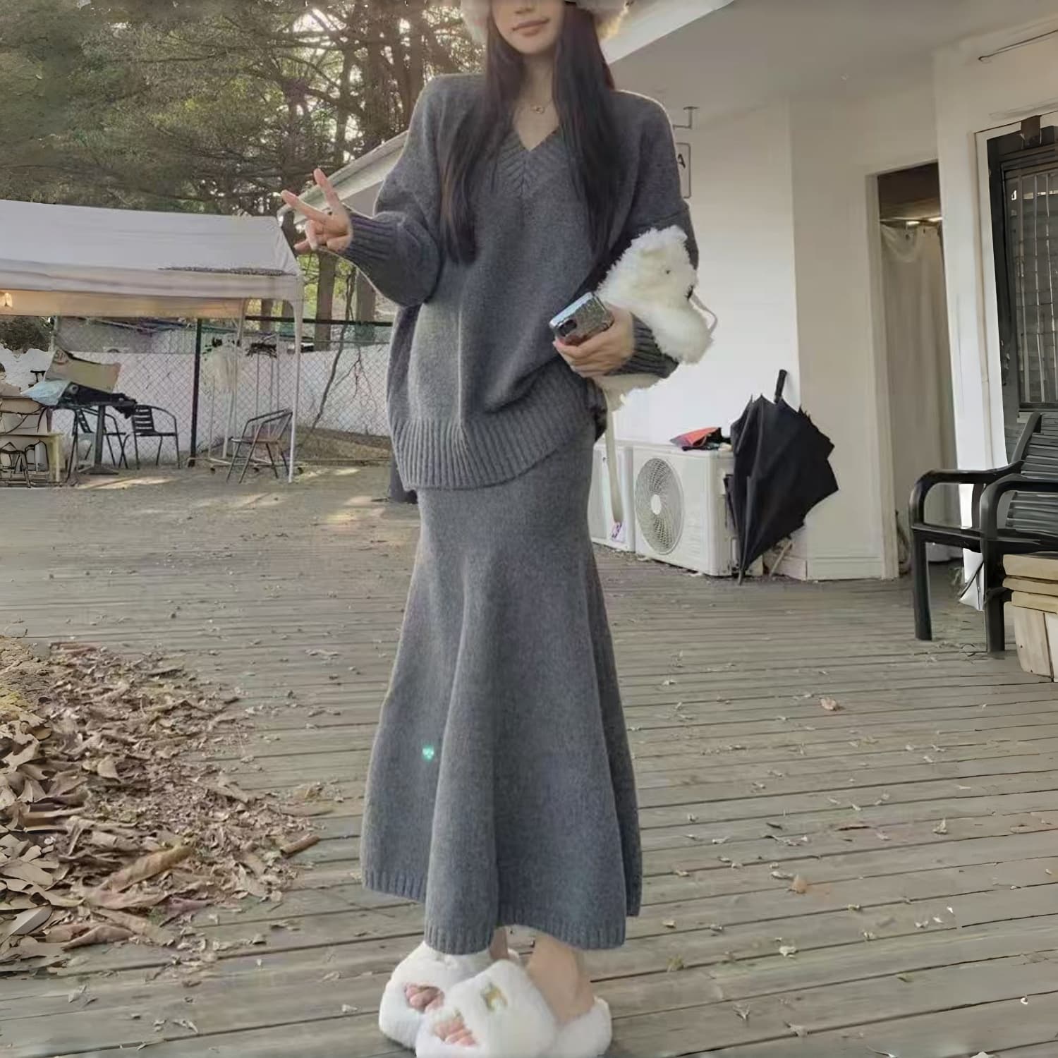 가을 겨울 새로운 느긋한 바람 V넥 니트 스웨터 루즈핏 스웨터 맨위 타이트 스커트 인어 꼬리 반신 스커트 세트 여성