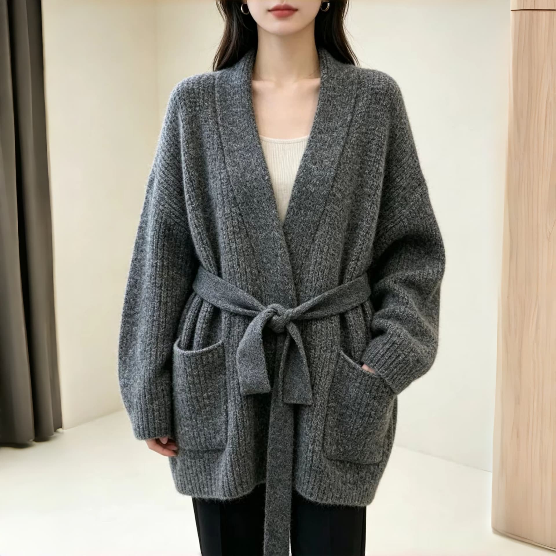 한 부서 스트랩 니트 오픈 가디건 여성 루즈핏 느긋한 바람 이른 가을 부드러운 찹쌀 스웨터 코트 슬림해 보이는 유럽 상품 품격 외부 가져 가라. 이미지 4