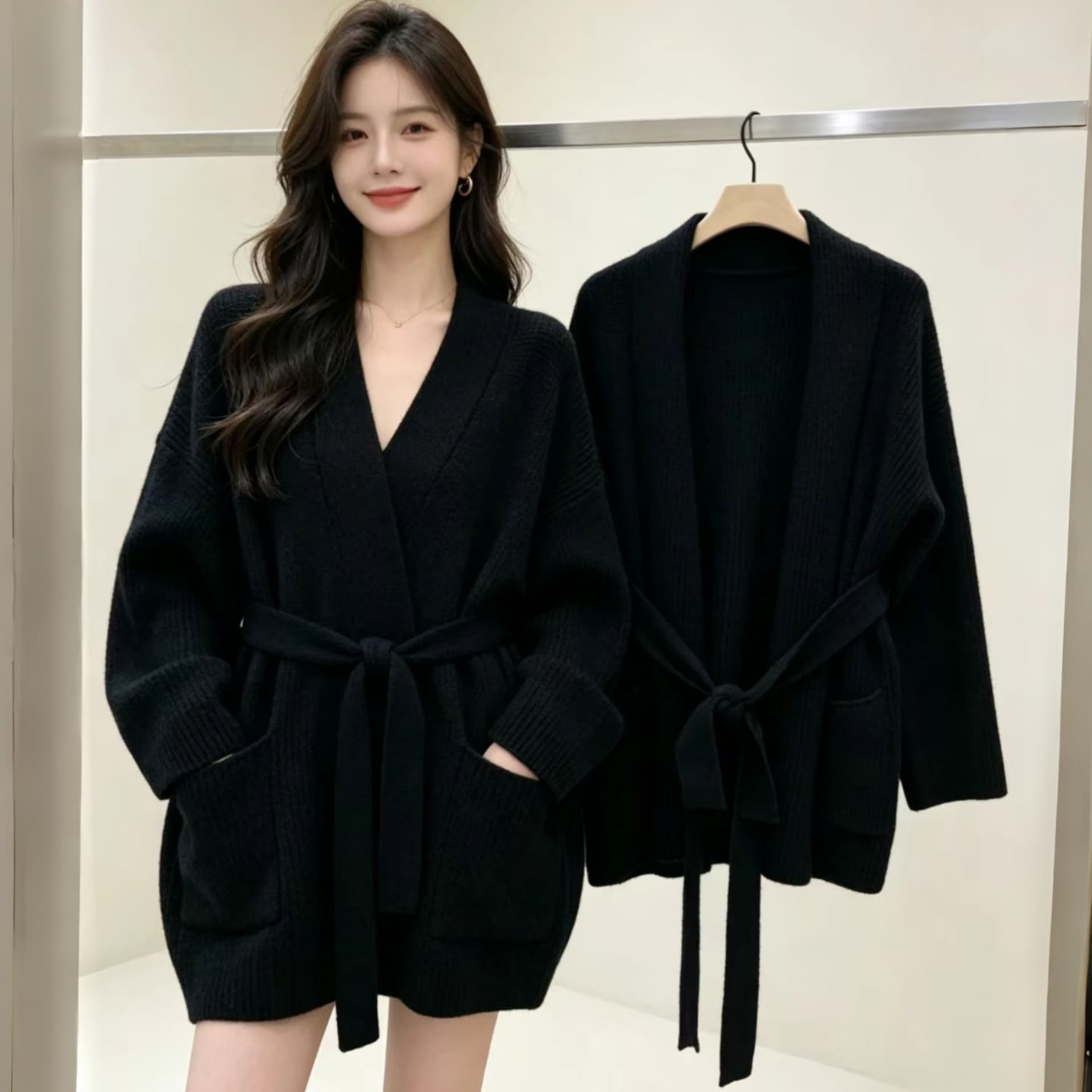 한 부서 스트랩 니트 오픈 가디건 여성 루즈핏 느긋한 바람 이른 가을 부드러운 찹쌀 스웨터 코트 슬림해 보이는 유럽 상품 품격 외부 가져 가라. 이미지 2