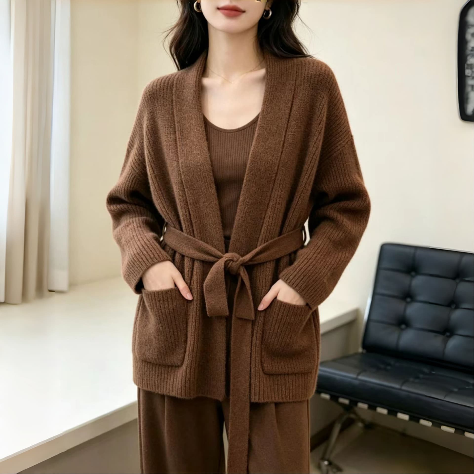 한 부서 스트랩 니트 오픈 가디건 여성 루즈핏 느긋한 바람 이른 가을 부드러운 찹쌀 스웨터 코트 슬림해 보이는 유럽 상품 품격 외부 가져 가라. 이미지 5