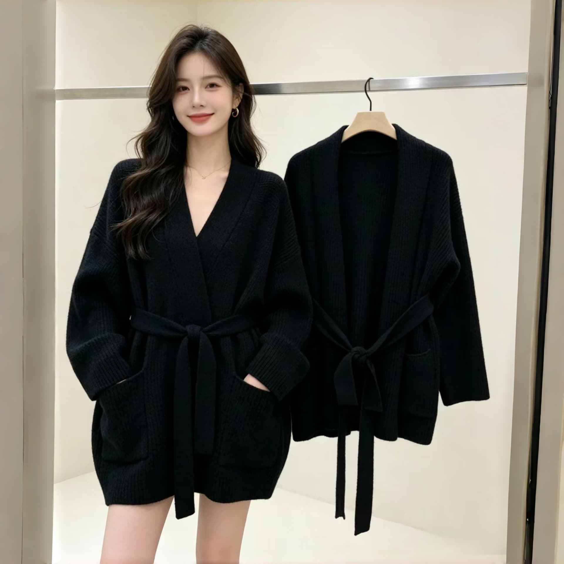 한 부서 스트랩 니트 오픈 가디건 여성 루즈핏 느긋한 바람 이른 가을 부드러운 찹쌀 스웨터 코트 슬림해 보이는 유럽 상품 품격 외부 가져 가라. 상세 이미지 3