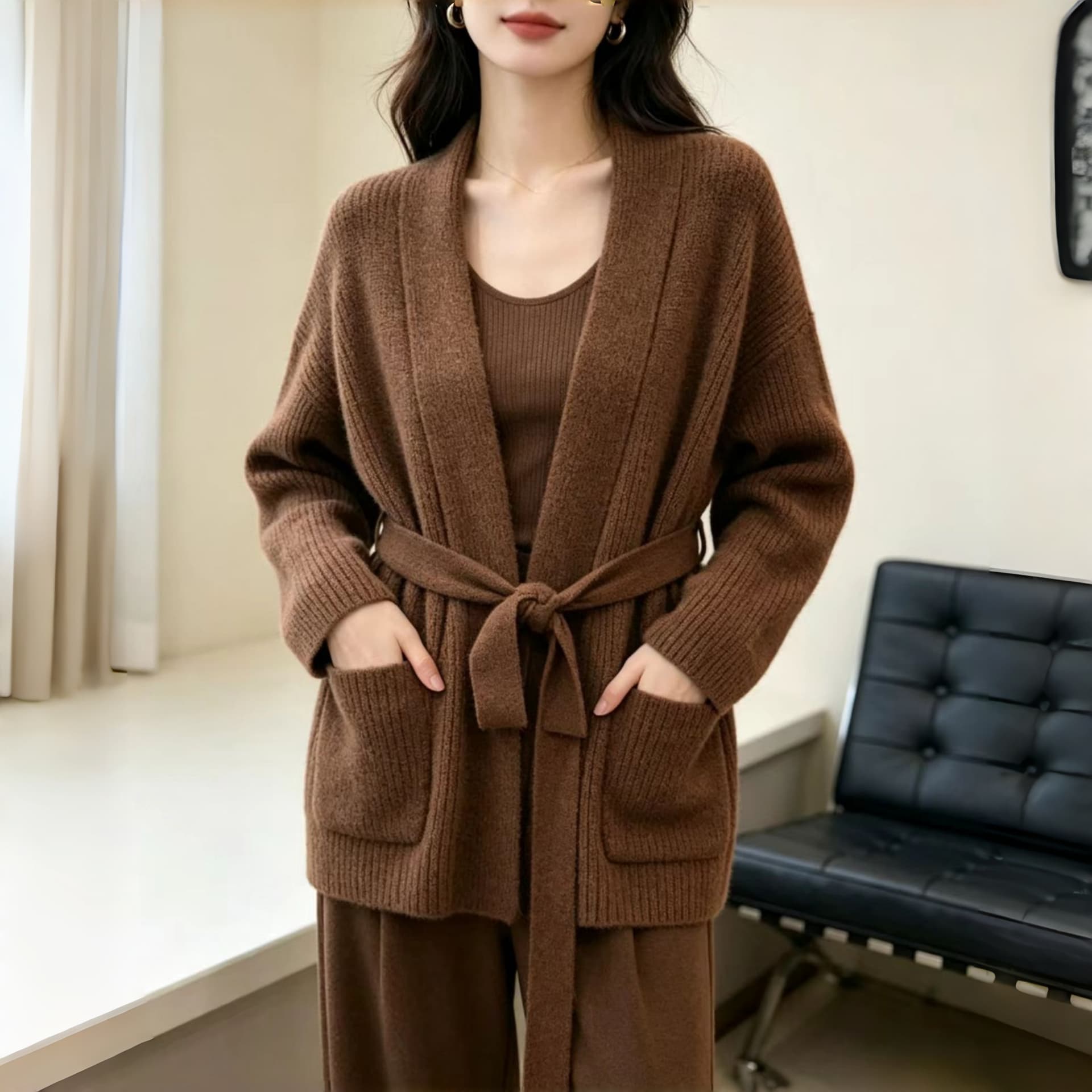 한 부서 스트랩 니트 오픈 가디건 여성 루즈핏 느긋한 바람 이른 가을 부드러운 찹쌀 스웨터 코트 슬림해 보이는 유럽 상품 품격 외부 가져 가라. 상세 이미지 4