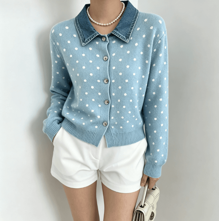 실사 한국 스타일 chic 2026 가을 겨울 새로운 데님 칼라 도트 무늬 오픈 가디건 스웨터 상세 이미지 5