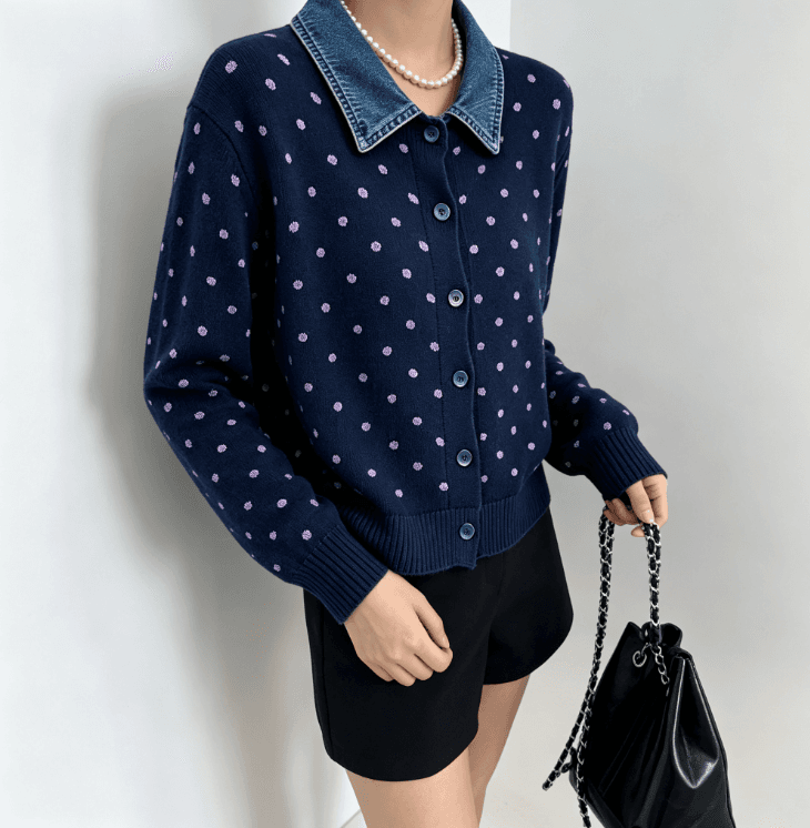 실사 한국 스타일 chic 2026 가을 겨울 새로운 데님 칼라 도트 무늬 오픈 가디건 스웨터 상세 이미지 9