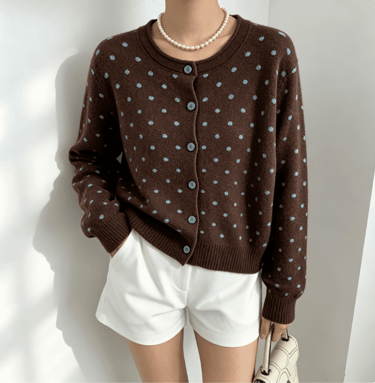 실사 한 부서 chic 새로운 라운드 넥 다용도 도트 무늬 니트 오픈 가디건 여성 슬림해 보이는 루즈핏 스웨터 코트 이미지 2