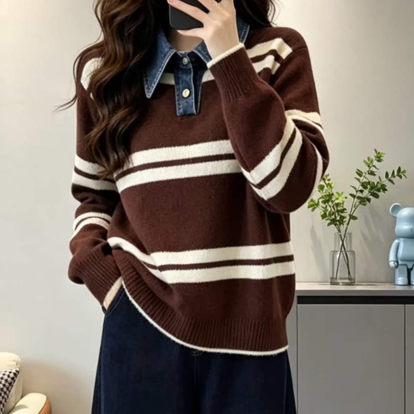 한 부서 진한 파란색 데님 패치워크 페이크 레이어드 POLO 칼라 니트 스웨터 여성 가을 겨울 새로운 외출용 인사이드 가져 가라. 스웨터 이미지 4