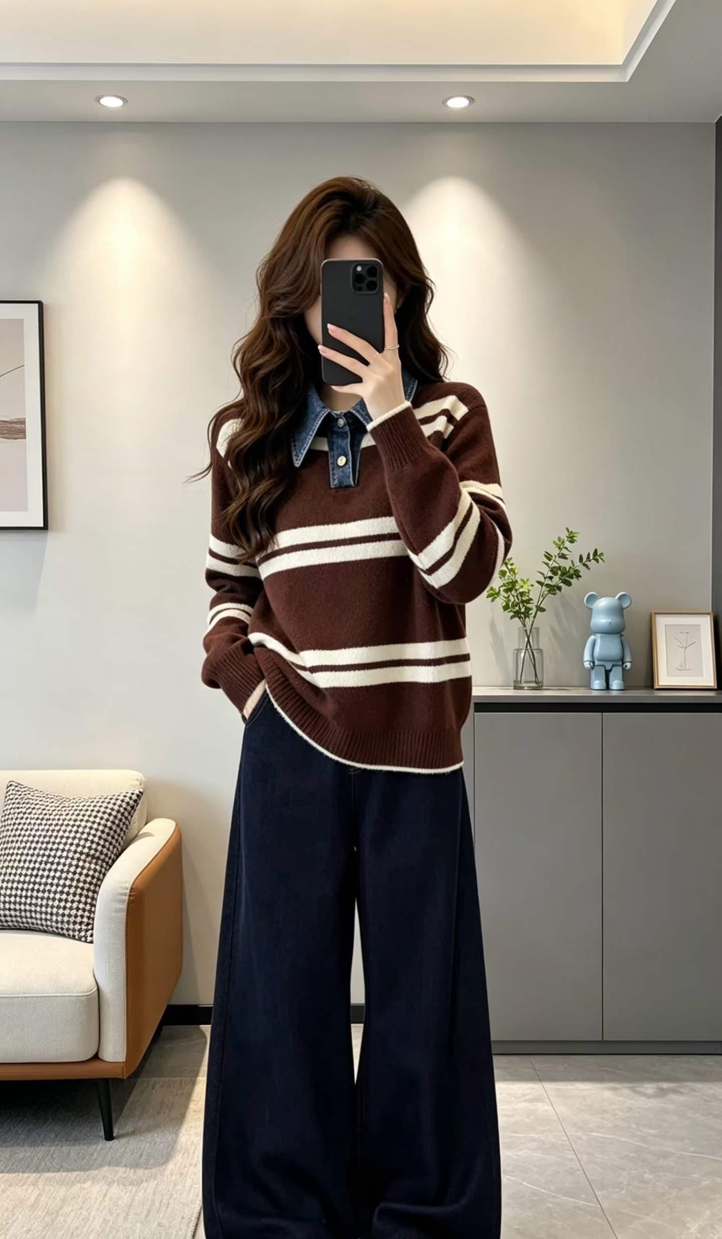 한 부서 진한 파란색 데님 패치워크 페이크 레이어드 POLO 칼라 니트 스웨터 여성 가을 겨울 새로운 외출용 인사이드 가져 가라. 스웨터 상세 이미지 3