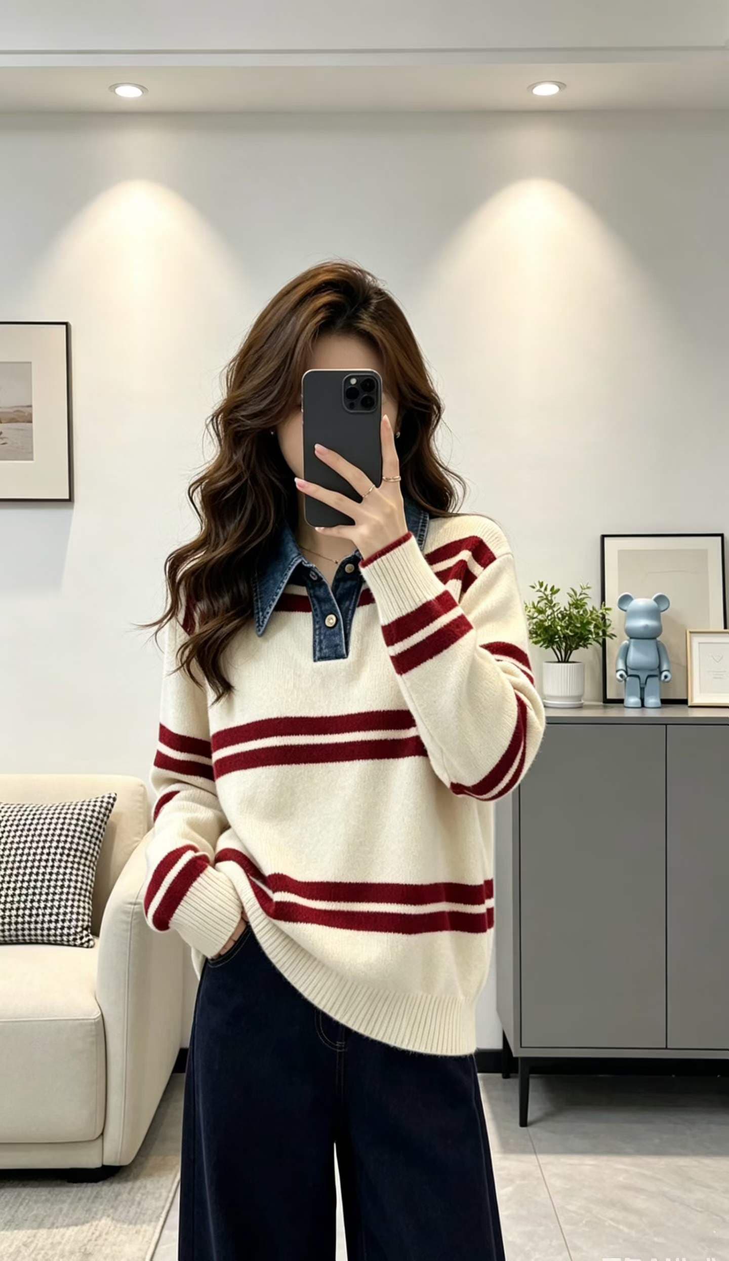 한 부서 진한 파란색 데님 패치워크 페이크 레이어드 POLO 칼라 니트 스웨터 여성 가을 겨울 새로운 외출용 인사이드 가져 가라. 스웨터 상세 이미지 5