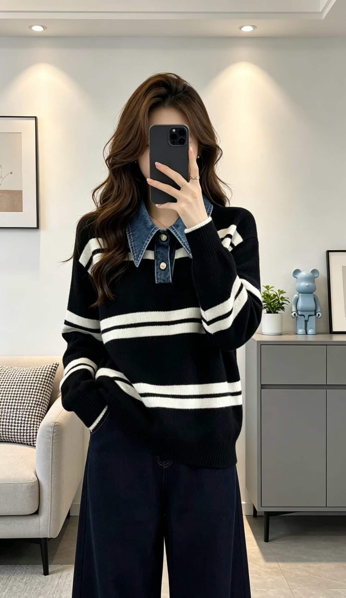 한 부서 진한 파란색 데님 패치워크 페이크 레이어드 POLO 칼라 니트 스웨터 여성 가을 겨울 새로운 외출용 인사이드 가져 가라. 스웨터 상세 이미지 6