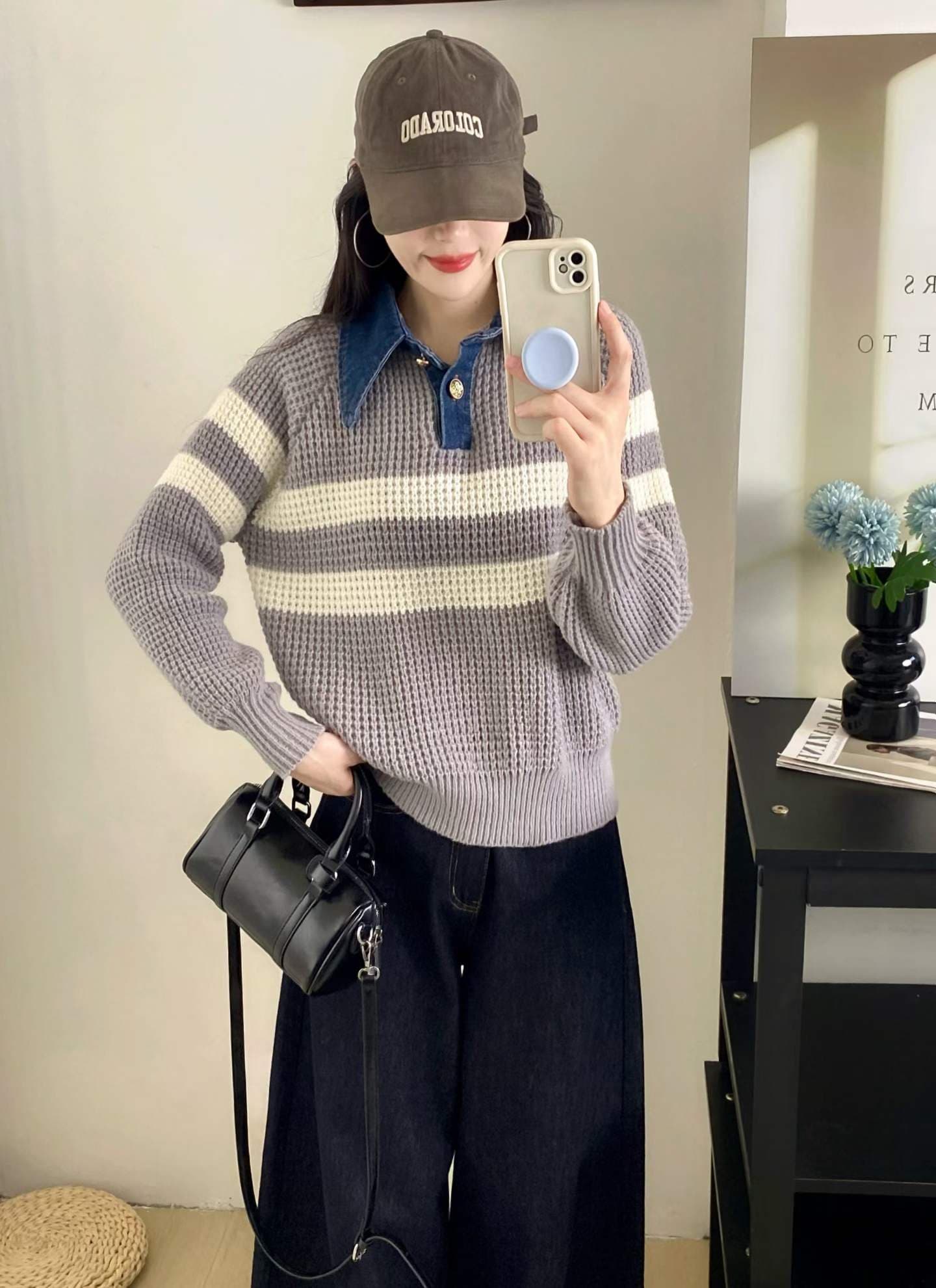 한 부서 배색 스트라이프 데님 polo 칼라 니트 스웨터 여성 루즈핏 두꺼운 제직 풀오버 스웨터 코트 상세 이미지 2