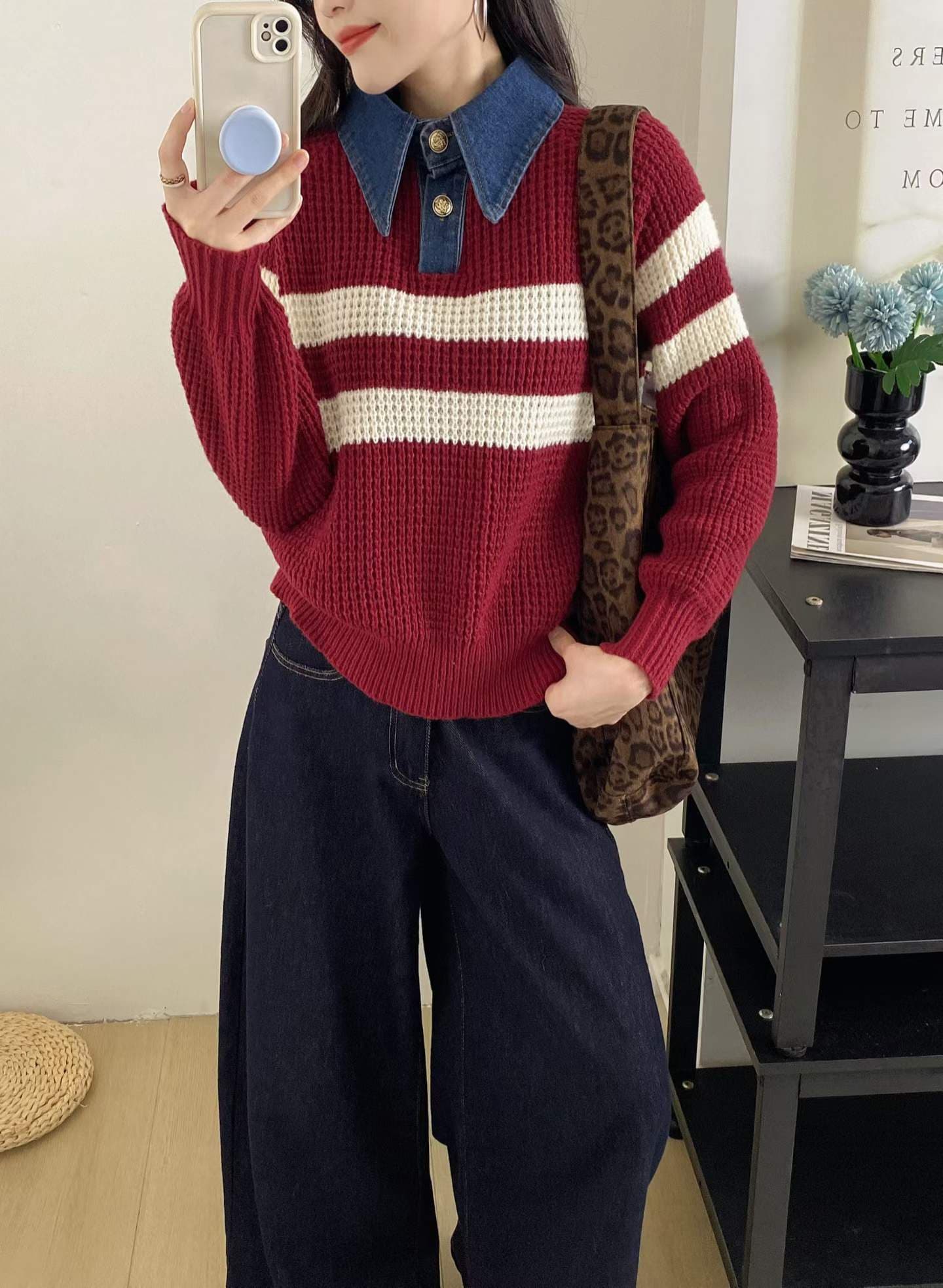 한 부서 배색 스트라이프 데님 polo 칼라 니트 스웨터 여성 루즈핏 두꺼운 제직 풀오버 스웨터 코트 상세 이미지 3
