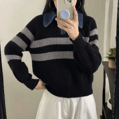 한 부서 배색 스트라이프 데님 polo 칼라 니트 스웨터 여성 루즈핏 두꺼운 제직 풀오버 스웨터 코트 상세 이미지 4