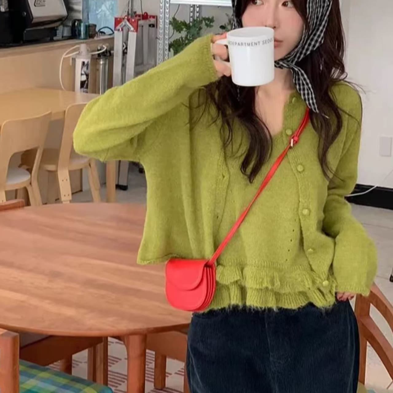 한국 chic 가을 새로운 외국 가스 프릴 슬립 니트 오픈 가디건 세트 여성 상세 이미지 11