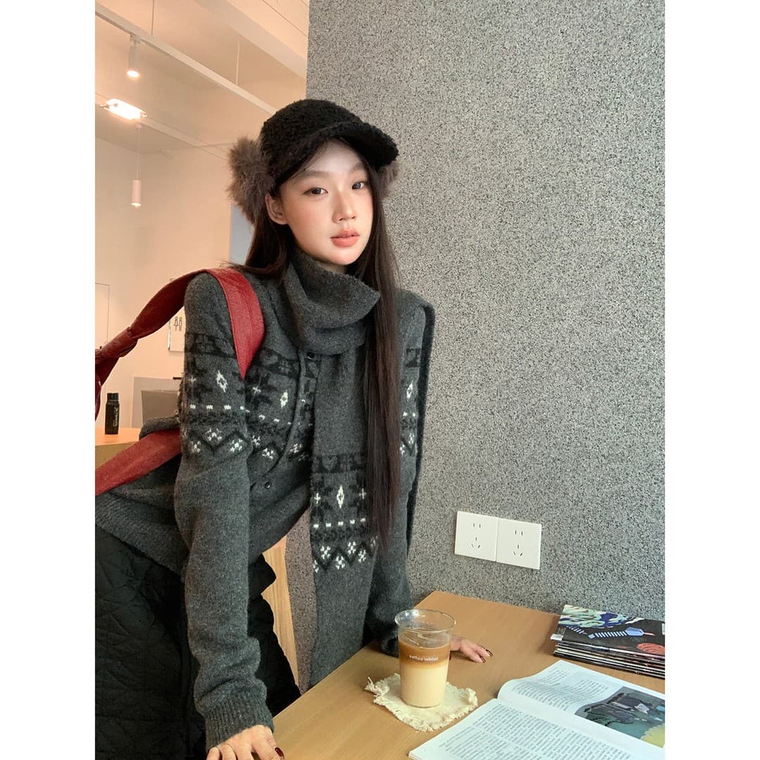 재고 있음 공정한 섬 회색 자카드 스웨터 니트 스웨터 여성 가을 겨울 새로운 스카프 섹션 출퇴근 오픈 가디건 맨위 상세 이미지 4