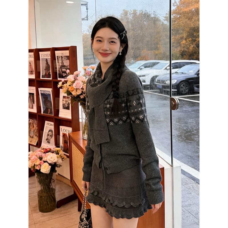 공정한 섬 회색 자카드 스웨터 니트 스웨터 여성 가을 겨울 새로운 스카프 섹션 출퇴근 오픈 가디건 맨위 이미지 4