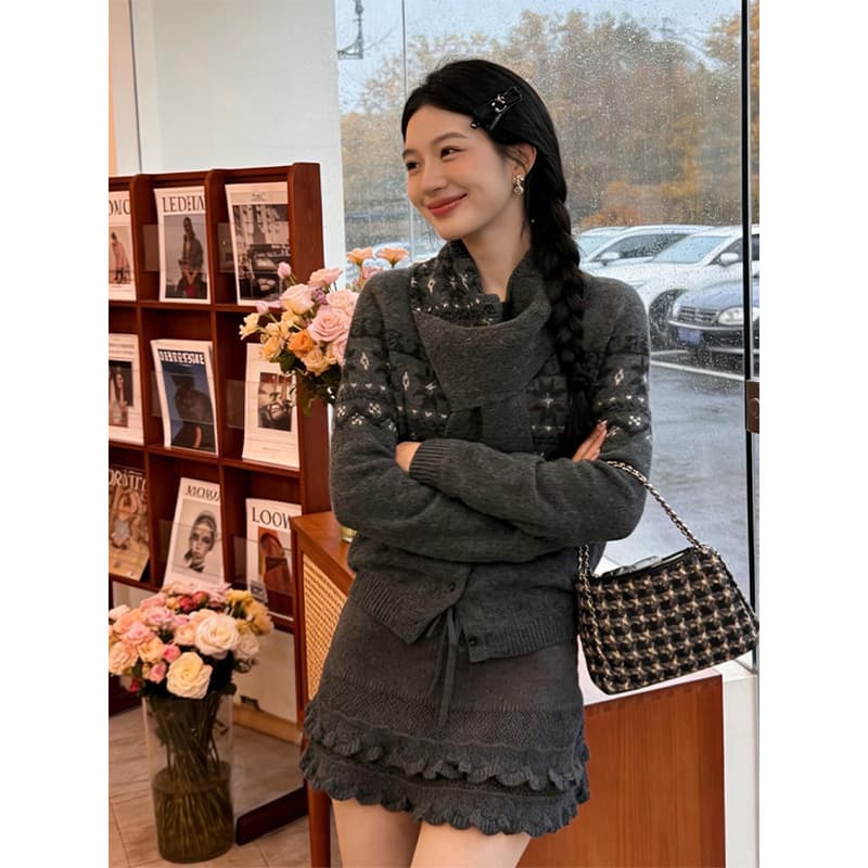 공정한 섬 회색 자카드 스웨터 니트 스웨터 여성 가을 겨울 새로운 스카프 섹션 출퇴근 오픈 가디건 맨위 상세 이미지 1