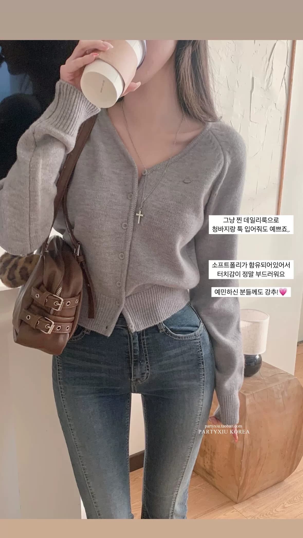 있음 밖으로 한국 한 부서 품격 자매 V넥 순수한 색상 시스템 버클 긴팔 니트 스웨터 상세 이미지 17