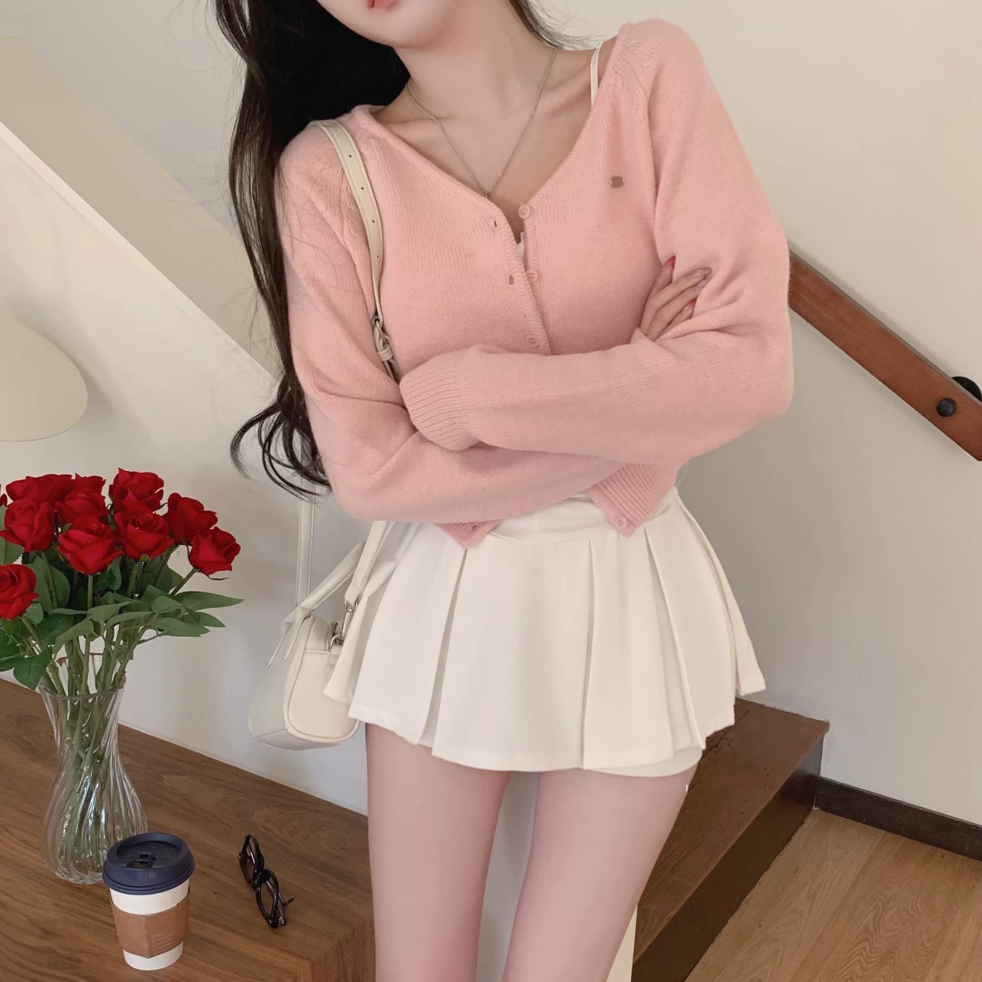 있음 밖으로 한국 한 부서 품격 자매 V넥 순수한 색상 시스템 버클 긴팔 니트 스웨터 상세 이미지 19