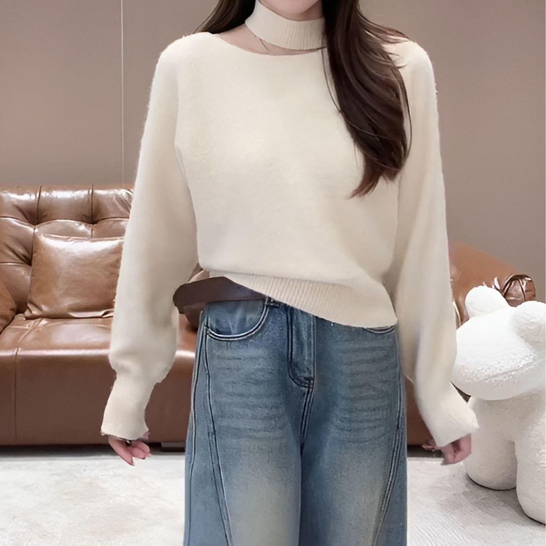 프랑스식 비스듬한 어깨 행침 목 만나는 스웨터 여자 2026 새로운 가을 겨울철 느긋한 바람 오프숄더 니트 스웨터 맨위