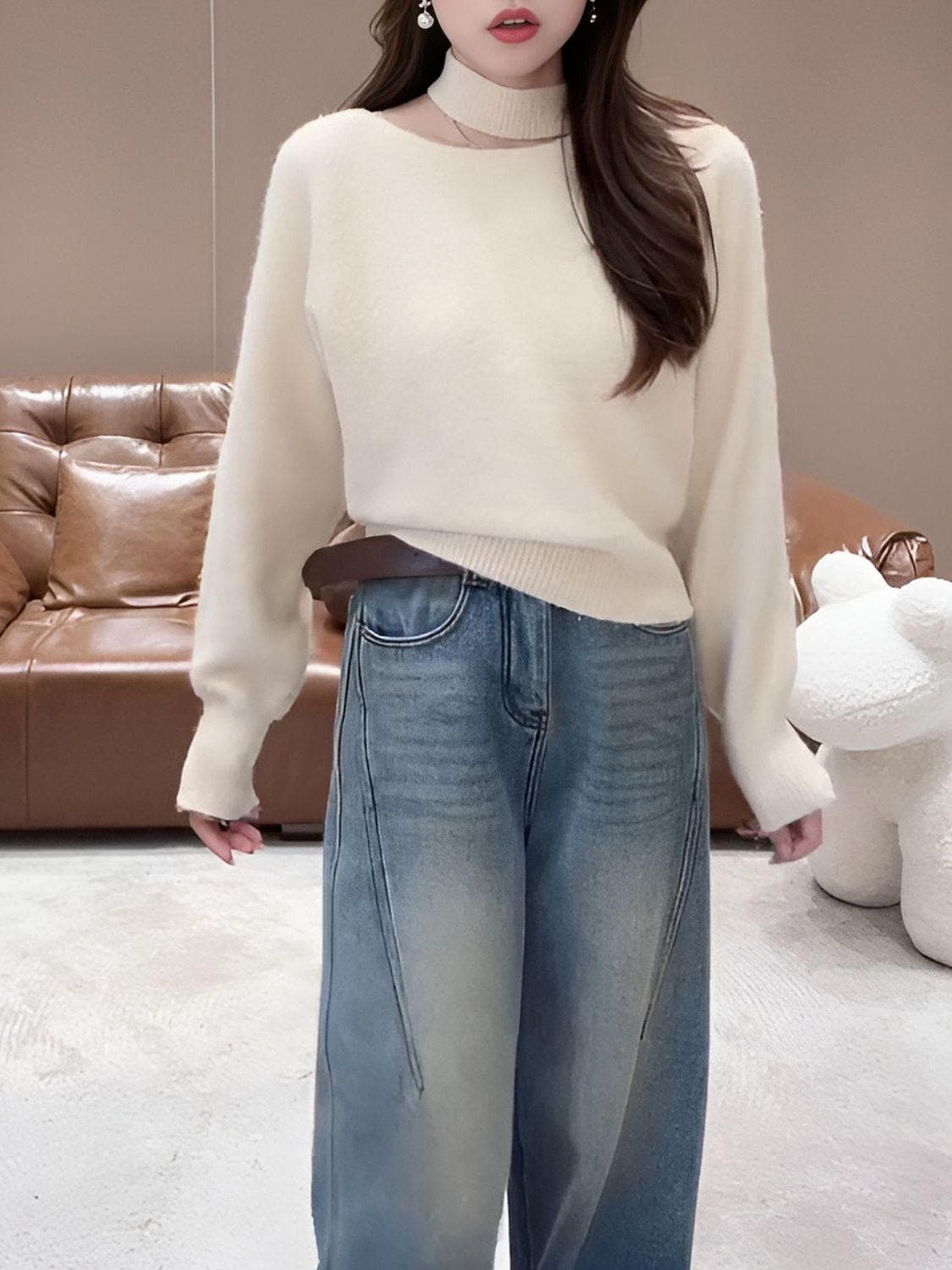 프랑스식 비스듬한 어깨 행침 목 만나는 스웨터 여자 2026 새로운 가을 겨울철 느긋한 바람 오프숄더 니트 스웨터 맨위 상세 이미지 4