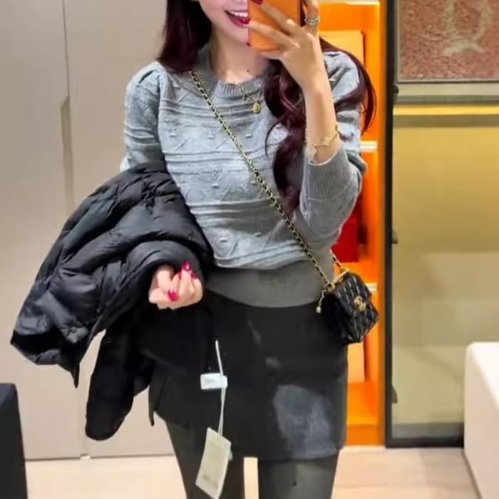 한국 스타일 자카드 라운드 넥 거품 소매 두꺼운 스웨터 여자 가을 겨울 새로운 몸매 가꾸기 슬림해 보이는 보온 외국 가스 맨위