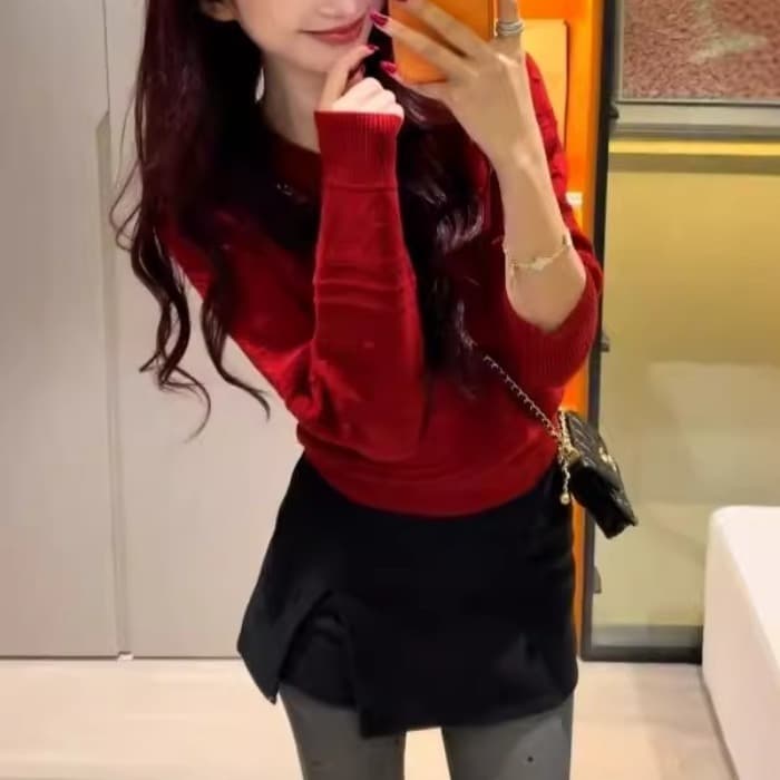 한국 스타일 자카드 라운드 넥 거품 소매 두꺼운 스웨터 여자 가을 겨울 새로운 몸매 가꾸기 슬림해 보이는 보온 외국 가스 맨위 이미지 3