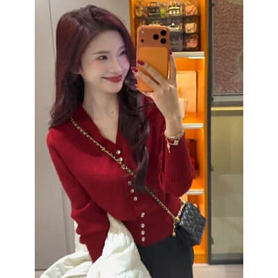 한국 스타일 싱글 줄 버튼 V넥 긴팔 털 니트 스웨터 여성 겨울 새로운 디자인 센스 몸매 가꾸기 슬림해 보이는 맨위 상세 이미지 4