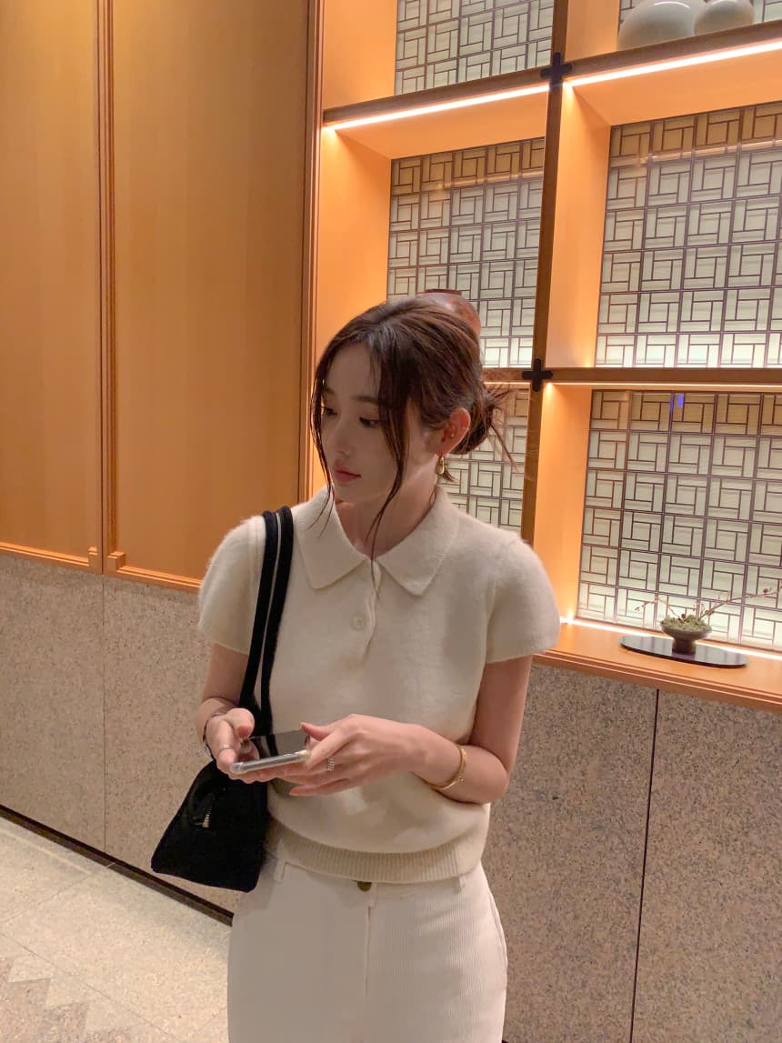 있음 선적 사이즈 업데이트 한국 chic 가을 새로운 품격 미니멀리즘 폴로 칼라 반팔 니트 스웨터 맨위 상세 이미지 21