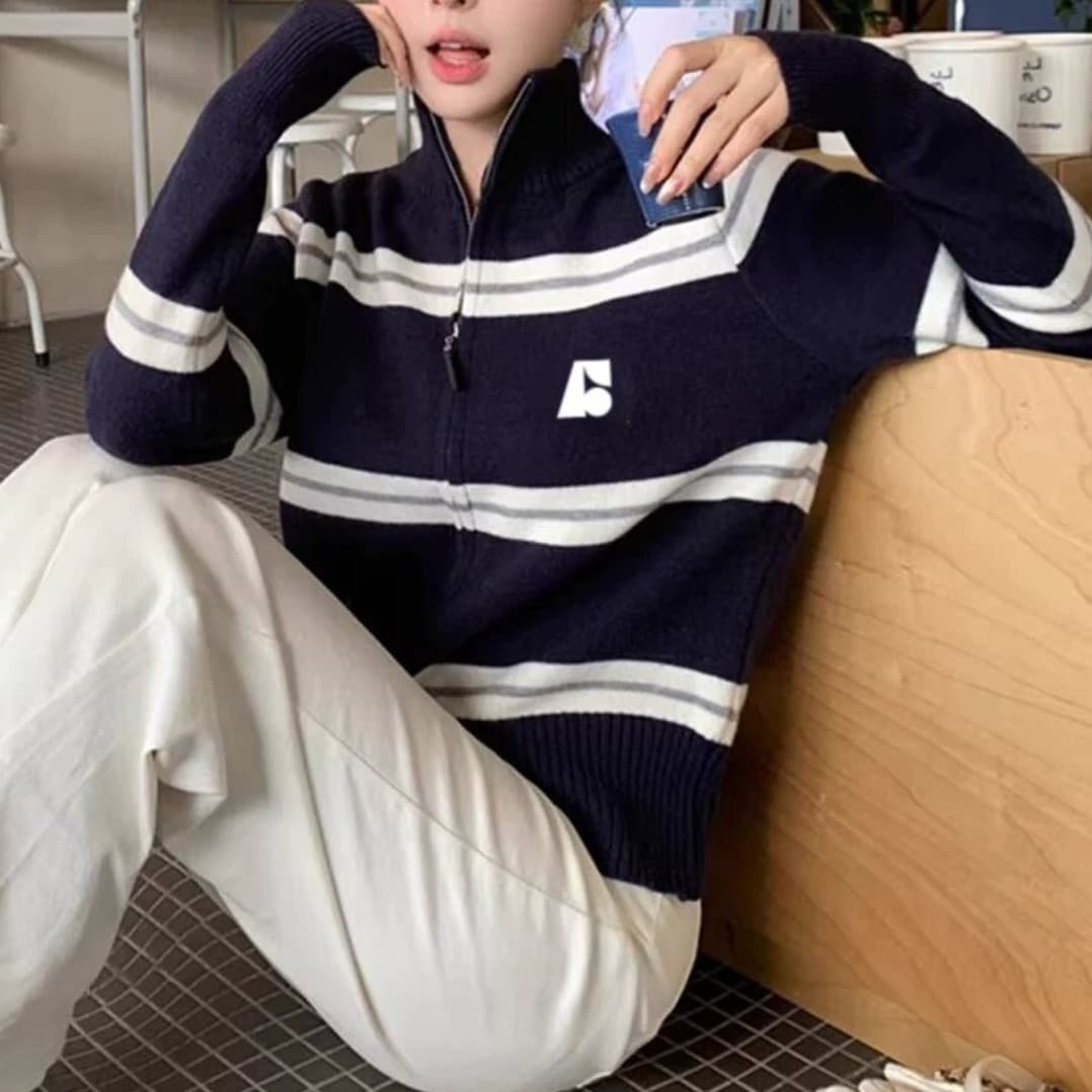한국 배색 더블 지퍼 터틀넥 다용도 스트라이프 오픈 가디건 여성 의류 가을 니트 스웨터 재킷 이미지 5