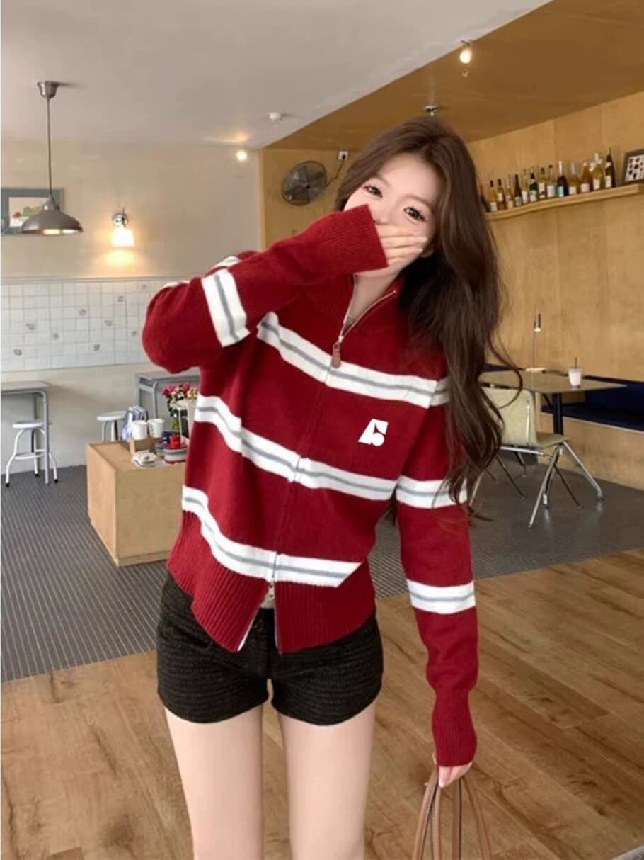 한국 배색 더블 지퍼 터틀넥 다용도 스트라이프 오픈 가디건 여성 의류 가을 니트 스웨터 재킷 상세 이미지 5