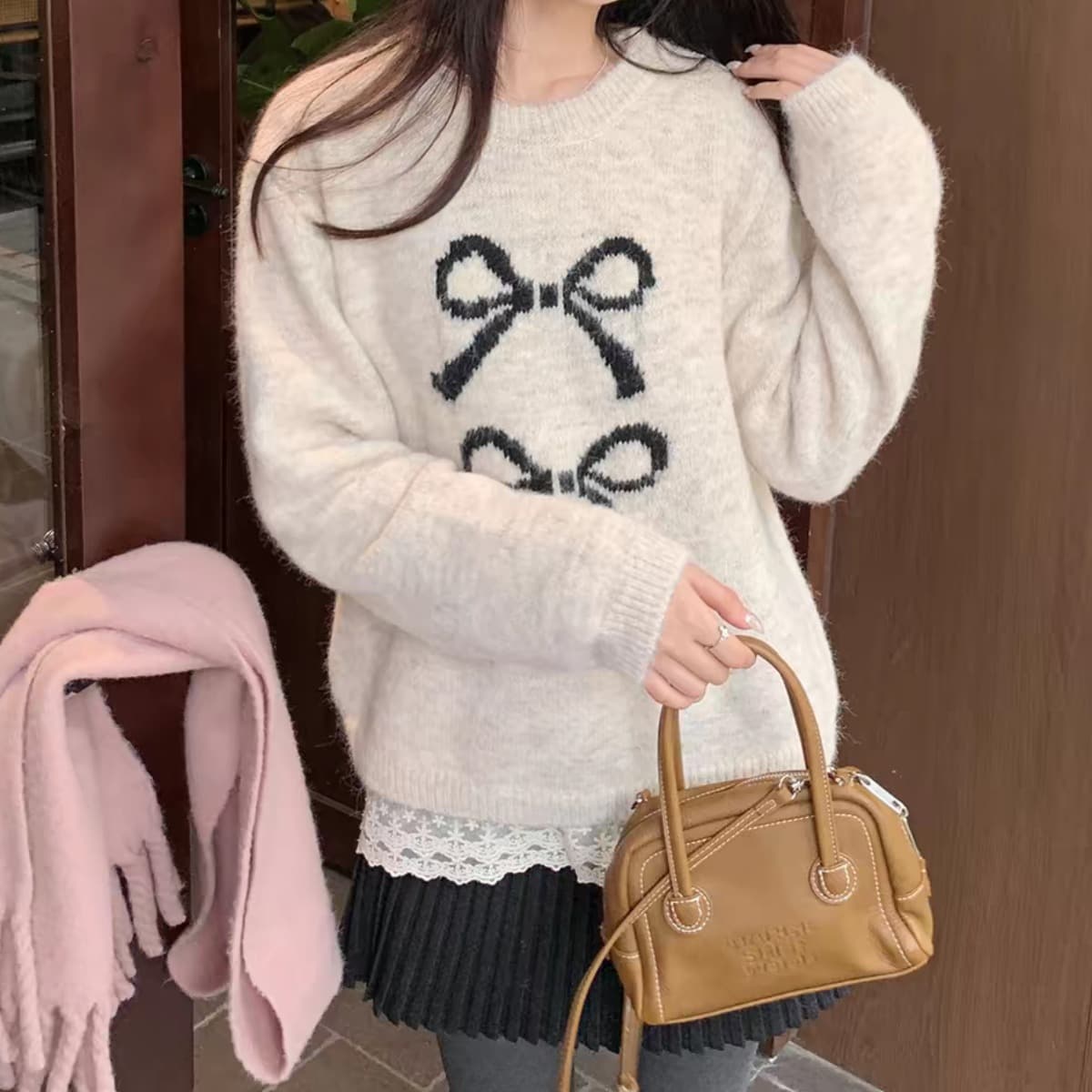 한국 나비 매듭 스웨터 여자 느긋한 바람 한 부서 빛 사람들 착용 가져 가라. 루즈핏 맨위 ins