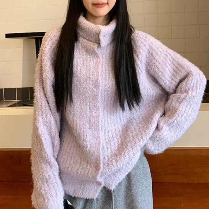 한 부서 폴로 칼라 사탕 색상 서클 실 터틀넥 니트 오픈 가디건 여성 코트 가을 겨울철 느긋한 느슨함 센스 스웨터 트렌디 이미지 2