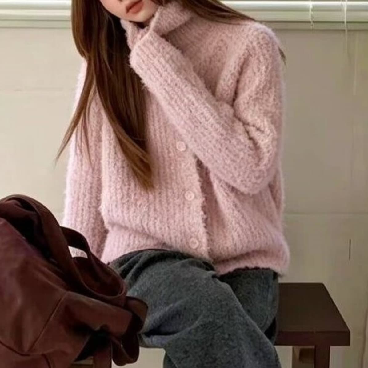 한 부서 폴로 칼라 사탕 색상 서클 실 터틀넥 니트 오픈 가디건 여성 코트 가을 겨울철 느긋한 느슨함 센스 스웨터 트렌디 이미지 4