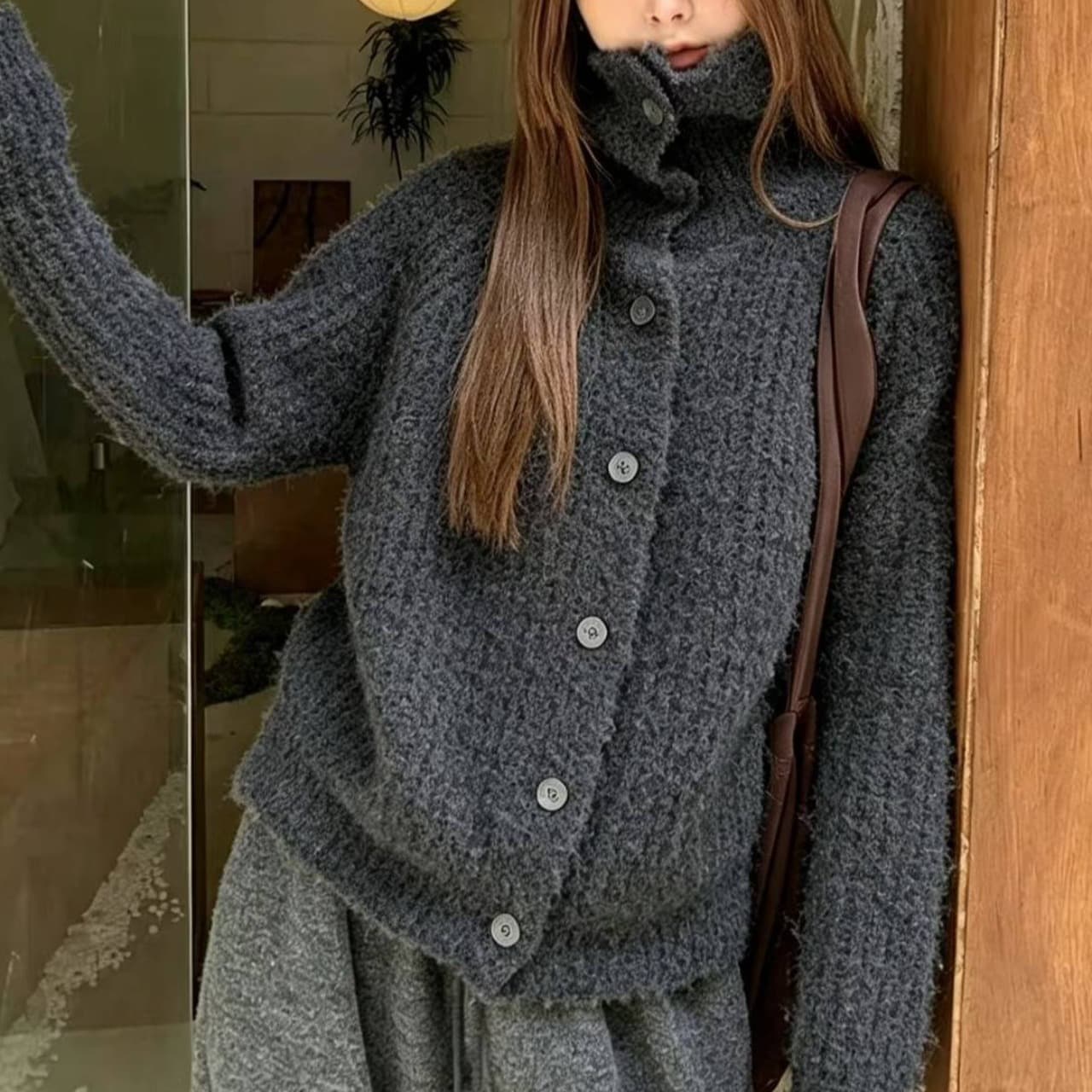 한 부서 폴로 칼라 사탕 색상 서클 실 터틀넥 니트 오픈 가디건 여성 코트 가을 겨울철 느긋한 느슨함 센스 스웨터 트렌디 이미지 3