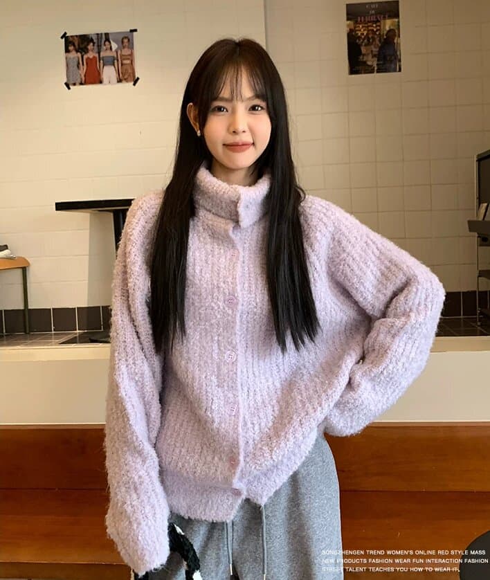 한 부서 폴로 칼라 사탕 색상 서클 실 터틀넥 니트 오픈 가디건 여성 코트 가을 겨울철 느긋한 느슨함 센스 스웨터 트렌디 상세 이미지 1