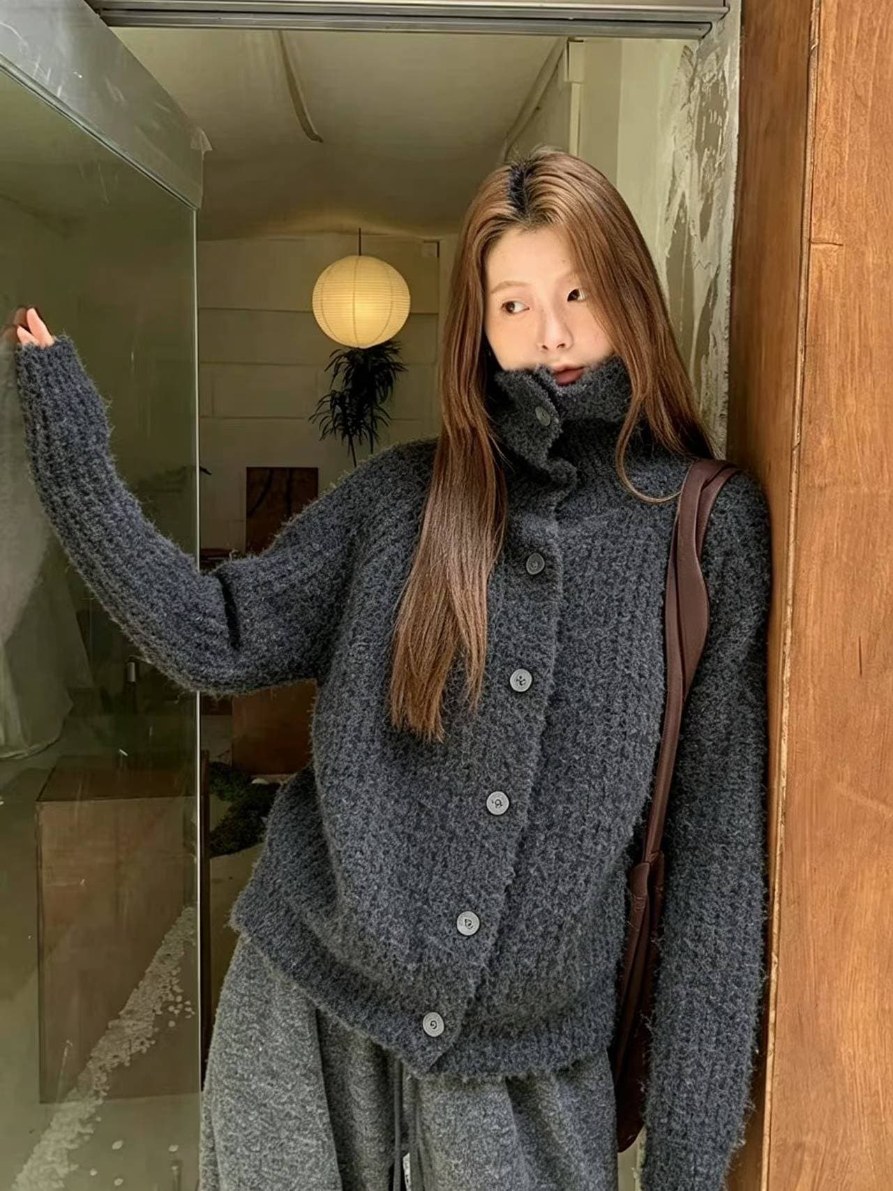 한 부서 폴로 칼라 사탕 색상 서클 실 터틀넥 니트 오픈 가디건 여성 코트 가을 겨울철 느긋한 느슨함 센스 스웨터 트렌디 상세 이미지 2