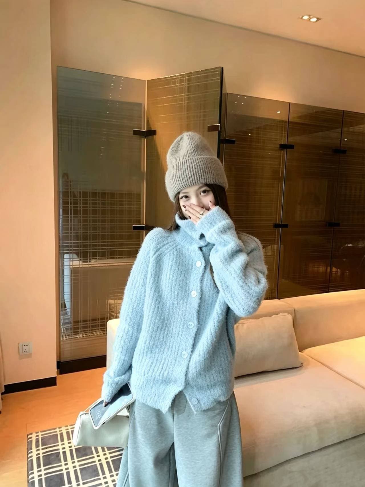 한 부서 폴로 칼라 사탕 색상 서클 실 터틀넥 니트 오픈 가디건 여성 코트 가을 겨울철 느긋한 느슨함 센스 스웨터 트렌디 상세 이미지 4