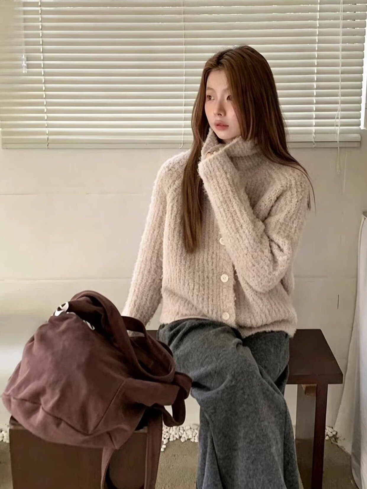 한 부서 폴로 칼라 사탕 색상 서클 실 터틀넥 니트 오픈 가디건 여성 코트 가을 겨울철 느긋한 느슨함 센스 스웨터 트렌디 상세 이미지 5