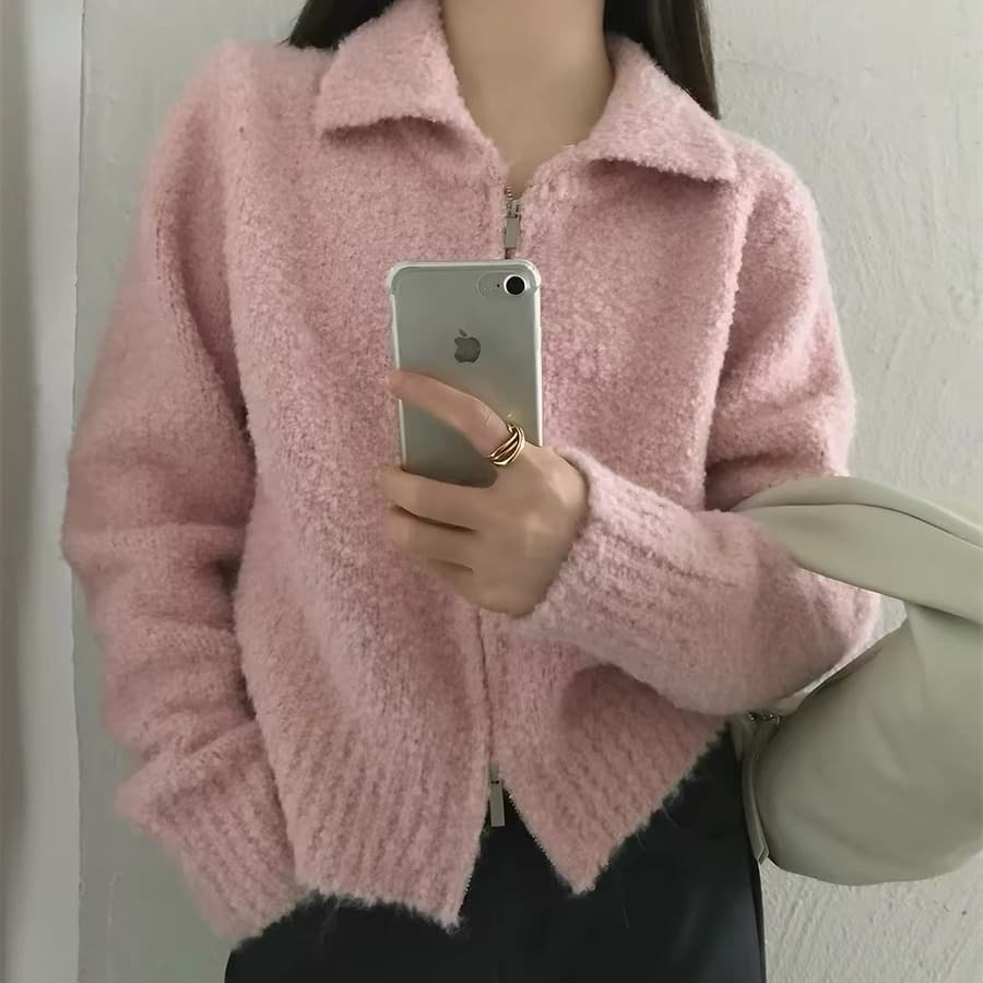 한국 스타일 폴로 칼라 지퍼 부드러운 찹쌀 니트 오픈 가디건 루즈핏 다용도 미니멀리즘 캐주얼 스웨터 코트 이미지 4