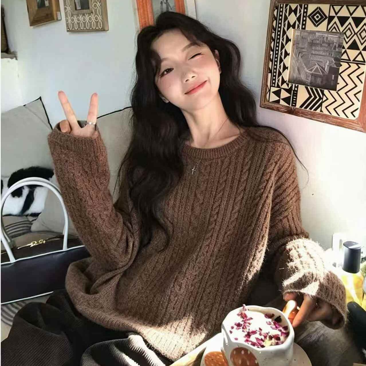 한국 우유 fufu 양 플러시 꽈배기 스웨터 고급 센스 겨울 두꺼운 느긋한 부드러운 찹쌀 루즈핏 외출용 맨위 여성 이미지 2