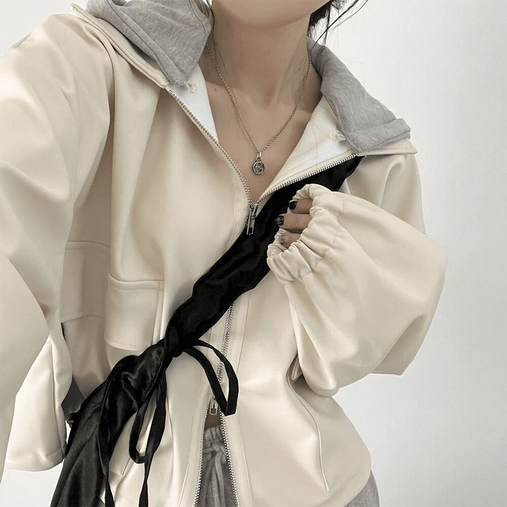 한국 chic 가을 겨울 레트로 외국 가스 지퍼 빅 포켓 캐주얼 루즈핏 다용도 쇼트 스타일 후드 가죽 재킷 여성 코트 이미지 5