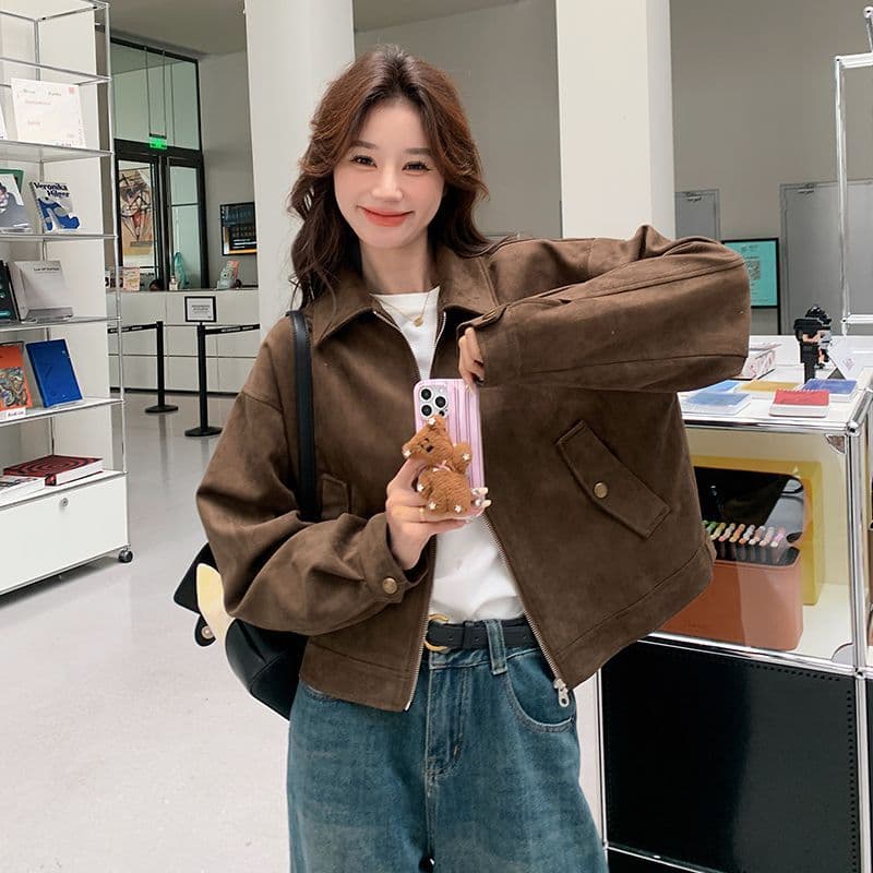 아름다움 라드. 쇼트 스타일 스웨이드 원단 여성 코트 봄과 가을 옷 아메리칸 레트로 느긋한 chic 다시 차가운 다시 바람의 소리 가죽 재킷 재킷
