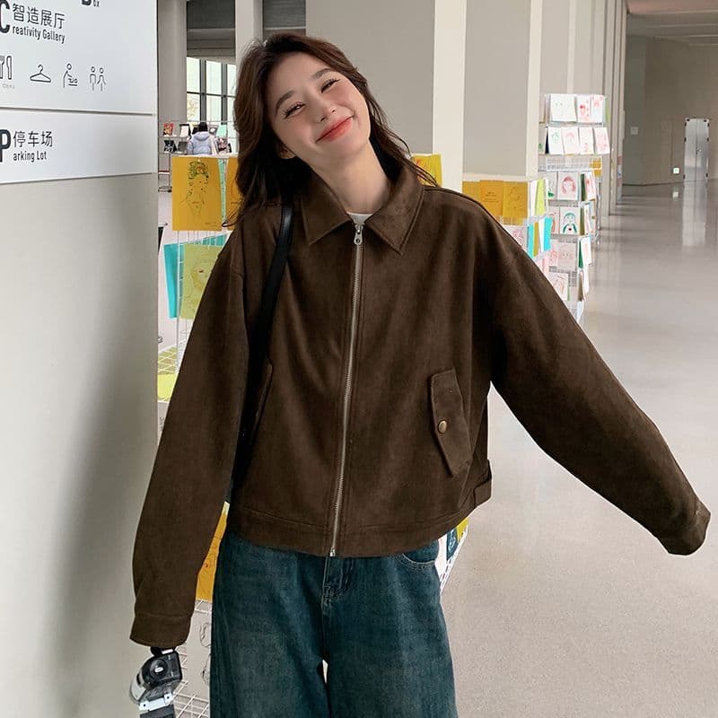아름다움 라드. 쇼트 스타일 스웨이드 원단 여성 코트 봄과 가을 옷 아메리칸 레트로 느긋한 chic 다시 차가운 다시 바람의 소리 가죽 재킷 재킷 이미지 2
