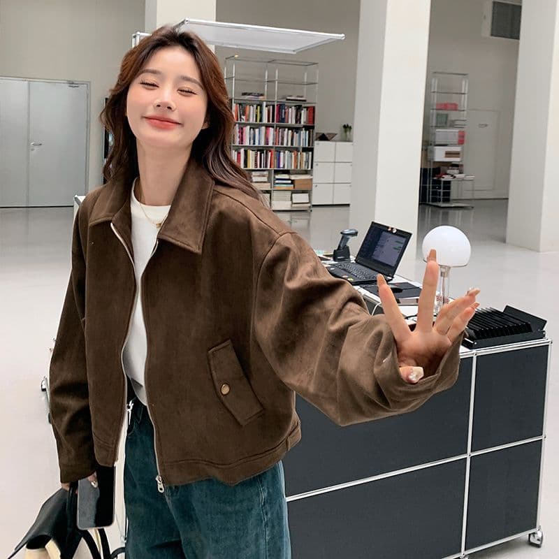 아름다움 라드. 쇼트 스타일 스웨이드 원단 여성 코트 봄과 가을 옷 아메리칸 레트로 느긋한 chic 다시 차가운 다시 바람의 소리 가죽 재킷 재킷 이미지 4