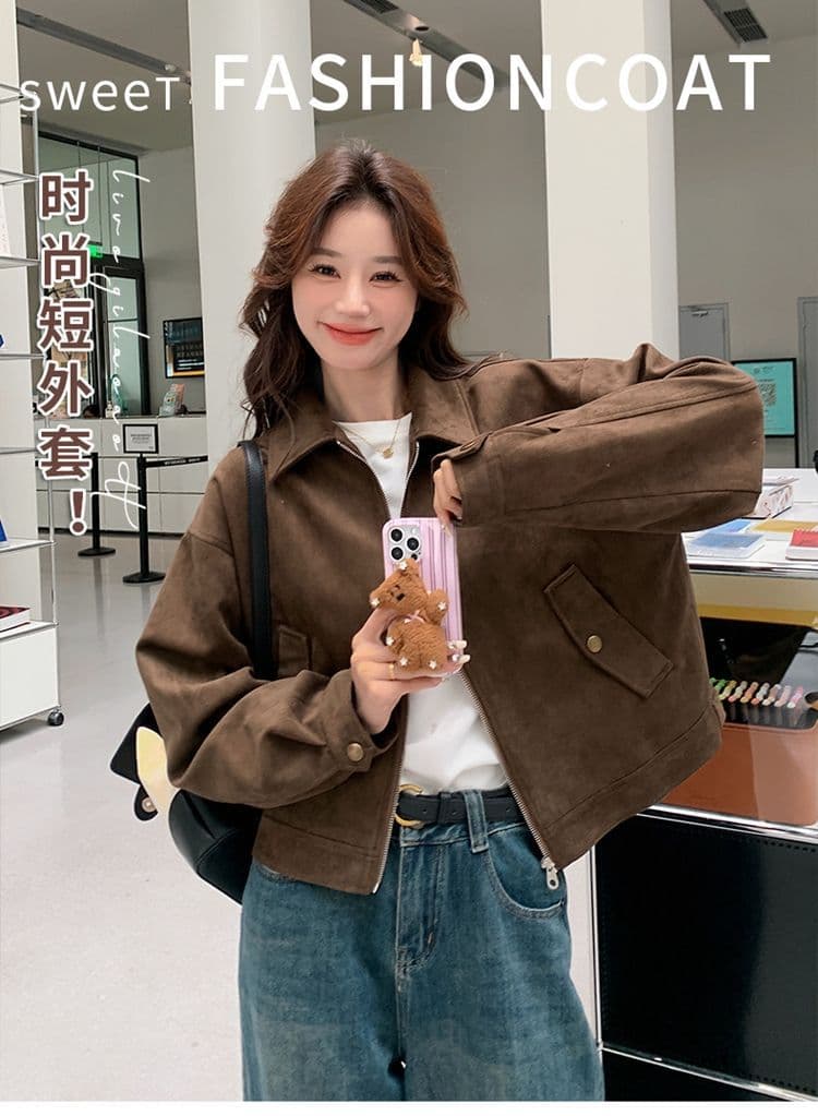 아름다움 라드. 쇼트 스타일 스웨이드 원단 여성 코트 봄과 가을 옷 아메리칸 레트로 느긋한 chic 다시 차가운 다시 바람의 소리 가죽 재킷 재킷 상세 이미지 2