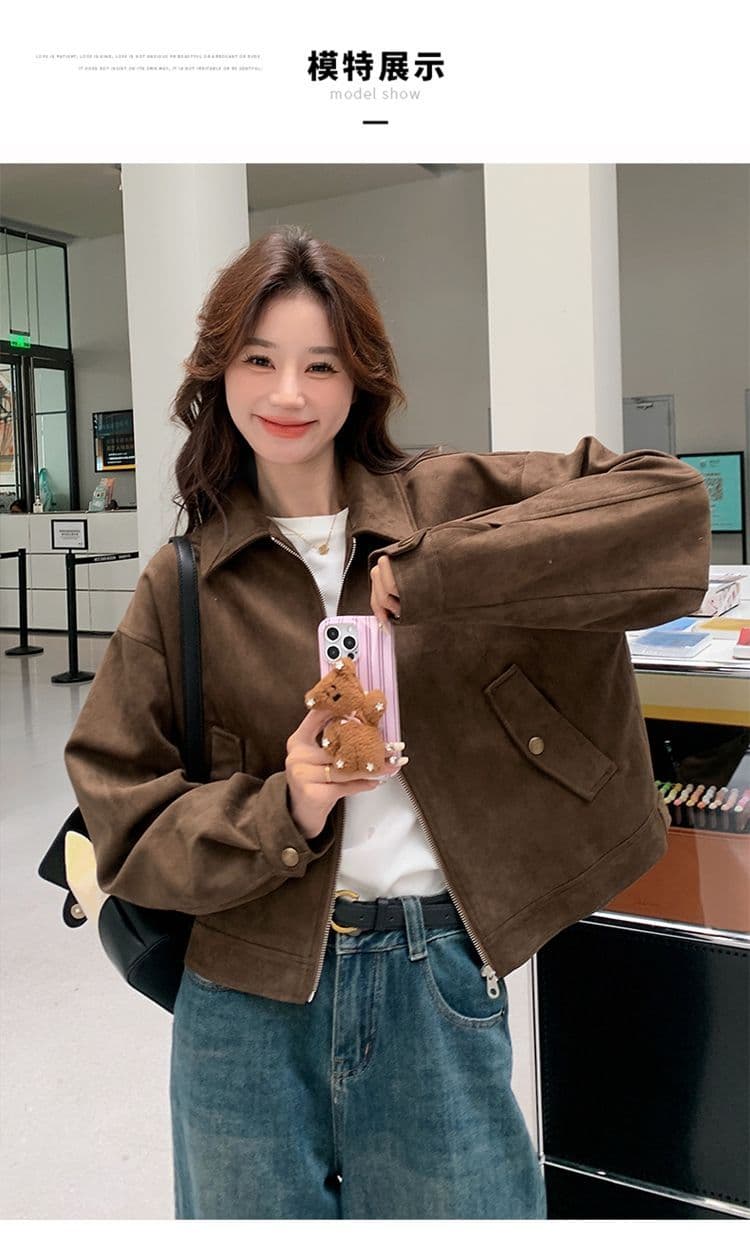 아름다움 라드. 쇼트 스타일 스웨이드 원단 여성 코트 봄과 가을 옷 아메리칸 레트로 느긋한 chic 다시 차가운 다시 바람의 소리 가죽 재킷 재킷 상세 이미지 3
