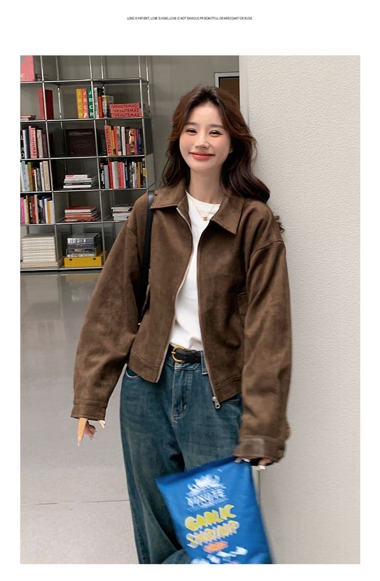 아름다움 라드. 쇼트 스타일 스웨이드 원단 여성 코트 봄과 가을 옷 아메리칸 레트로 느긋한 chic 다시 차가운 다시 바람의 소리 가죽 재킷 재킷 상세 이미지 15