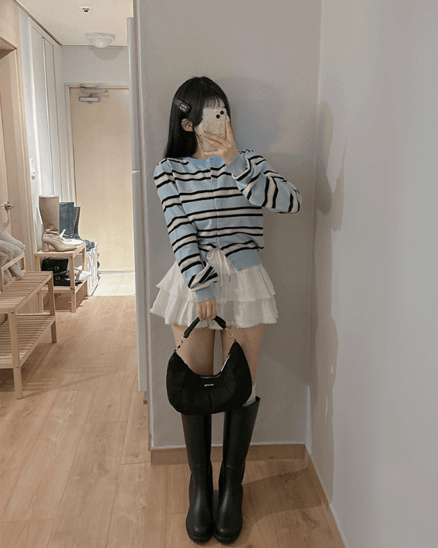 한국 chic 새로운 배색 스트라이프 라운드 넥 부서 버클 부드러운 니트 오픈 가디건 상세 이미지 5